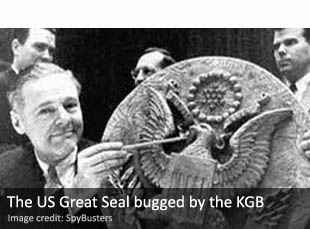 US Ambassador Henry Cabot Lodge, Jr., displays the Soviet KGB's Great Seal bug at the United Nations